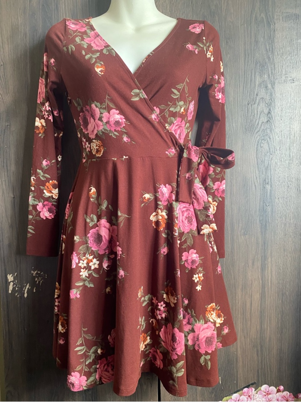 Forever 21 Brown Floral Wrap Skater Dress with Pink Accents